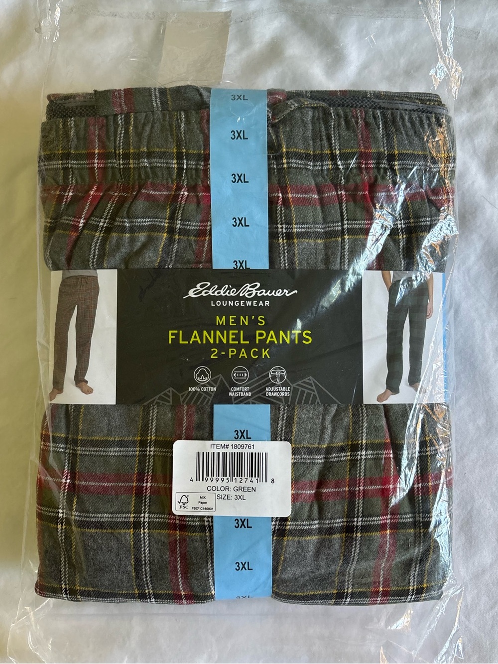 Eddie Bauer Men's Green and Red Plaid Flannel Pants 2-Pack